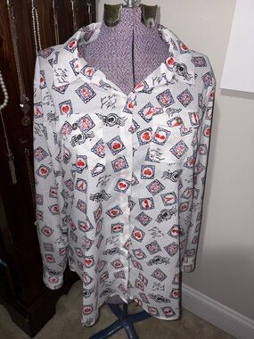 White Button-Up Shirt with Red & Blue Postal Stamp Print